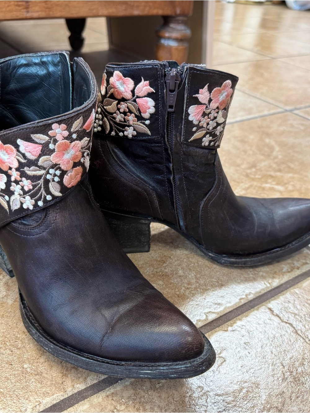 Old Gringo Dark Brown Leather Ankle Boots with Pink Floral Embroidery